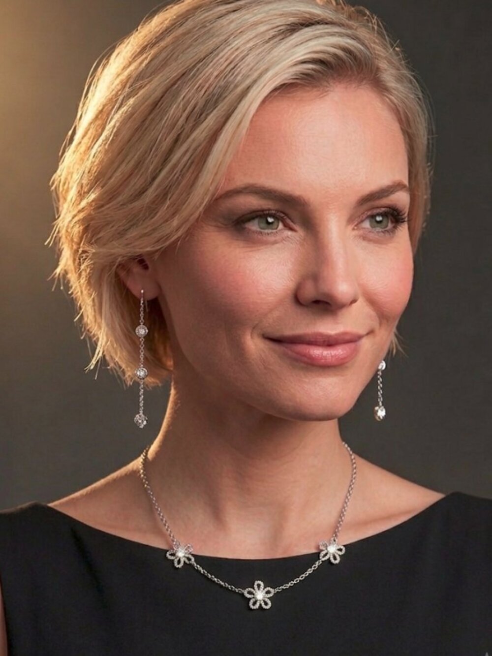 Boutique Style 925 Silver CZ Floral Necklace & Drop Earrings Set